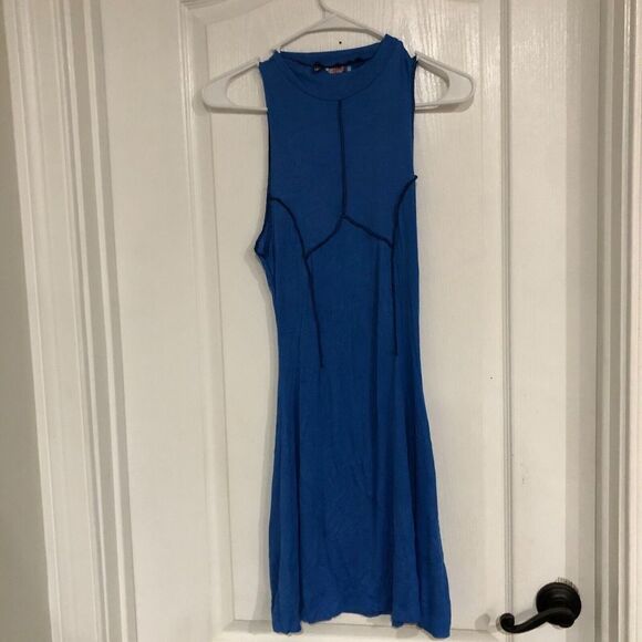 Urban Outfitters Mini Dress Uo Deja Seamed Mock Neck Cutout Back Blue Medium - Picture 8 of 8